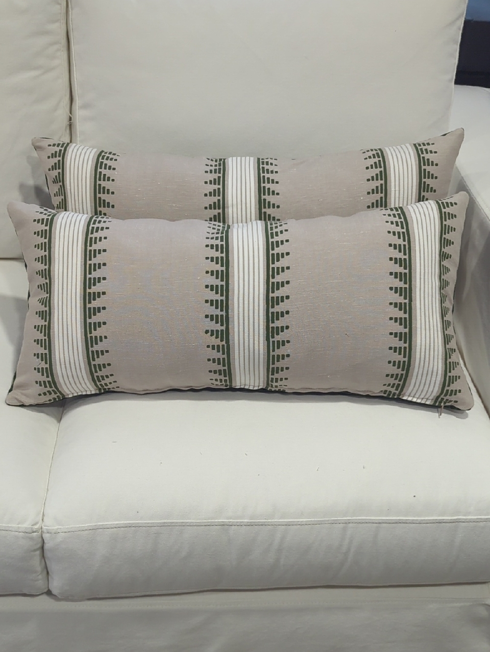 Neutral Beige Lumbar Pillow Pair with Olive and White Stripe